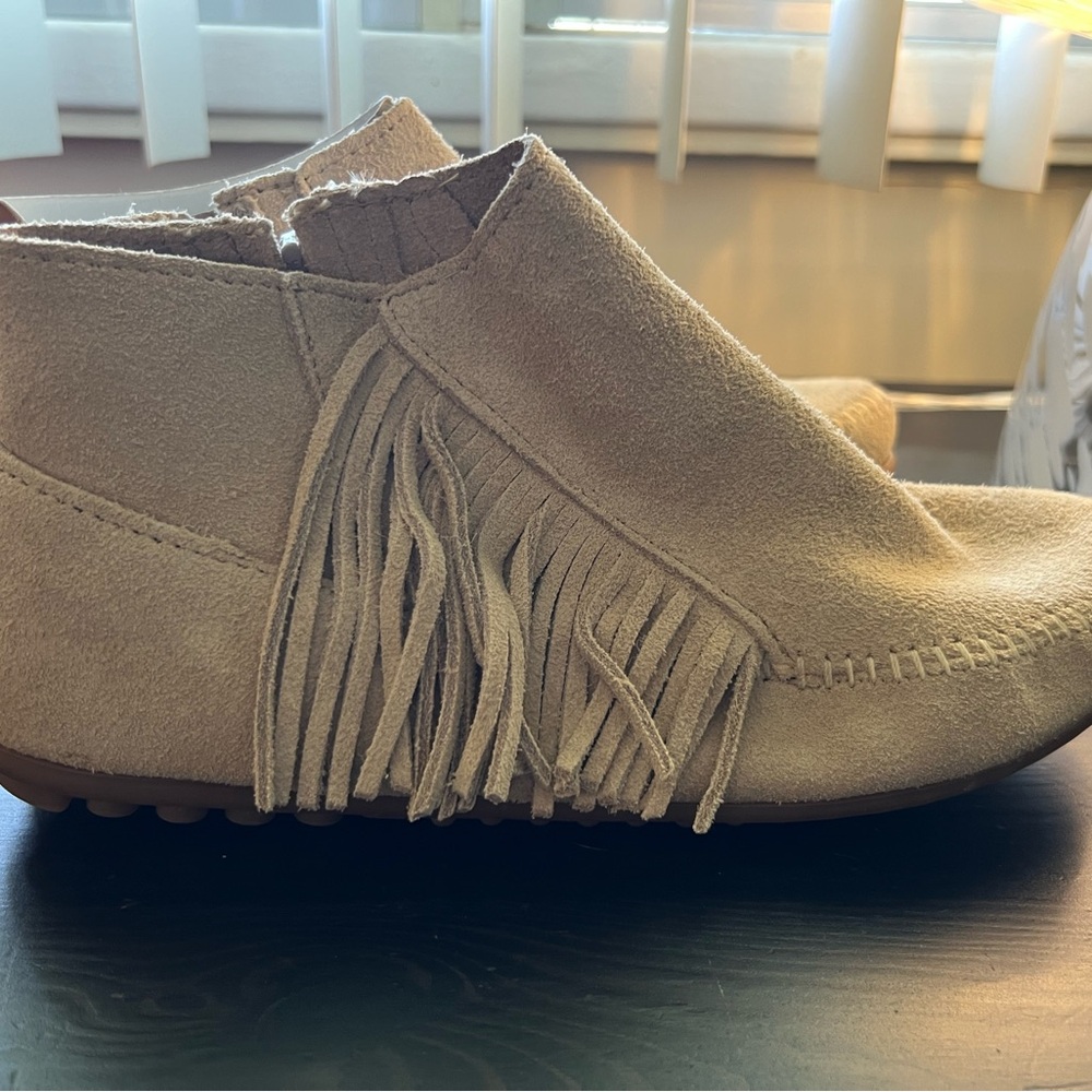 Women Suede Minnetonka Fringe Boots - Beige